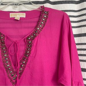 MICHAEL Michael Kors Hot Pink Embellished Semi-sheer V-Neck Top Size Large